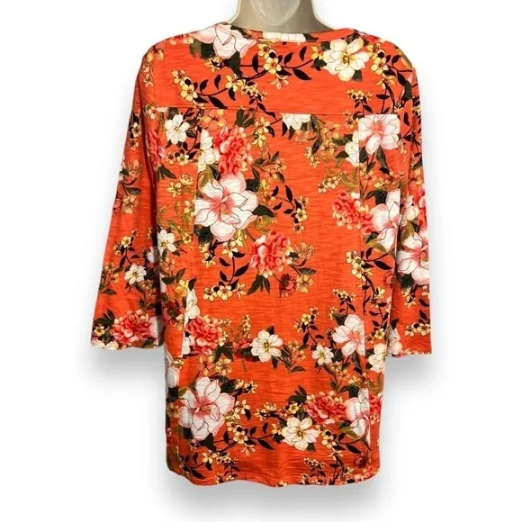 Chico’s Women’s Cotton-Blend Slub Floral-Print Tee Coral Size 1 (Medium) - Picture 4 of 9